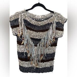 Boho Vintage Womans hand made all Leather Top in Neutral Stripes